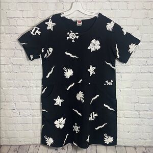 Red Ginger Black Short Sleeve Tunic Dress with White Tropical Beach Prints XL